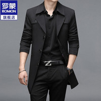 罗蒙风衣男中长款秋季商务休闲大衣男中青年帅气男士外套上衣服 黑色 195/4XL
