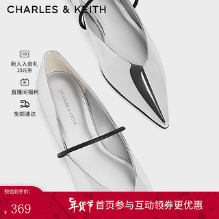 CHARLES&KEITH24春简约尖头一字带浅口平底单鞋子女鞋女士CK1-70381027 Silver银色 39