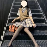 amber heey纯欲黑丝jk制服夏裙正套装全套甜美格裙学院风半身裙学姐百褶裙女 小熊的裙+短袖衬衫+蝴蝶结+黑丝 XL