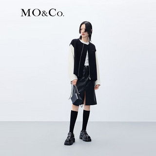 MO&Co.撞色皮袖拼接宽松绵羊毛无领外套美式风格轻软质地上衣 黑色