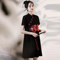 JKJS中国风盘扣改良短裙夏季女新中式刺绣宽松显瘦连衣裙