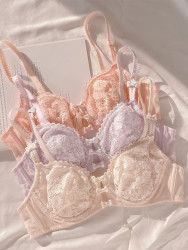 大胸显小胸内衣女夏薄款上托防下垂性感法式蕾丝超薄纯欲文胸套装多少