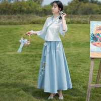 景华年春夏改良汉服女装新中式国风复古刺绣斜襟上衣裙子班级茶艺服套装 蓝色上衣+蓝色裙子 L