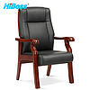 HiBoss 办公椅皮质会议椅实木四脚椅会议室接待椅办公椅子黑色皮办公座椅