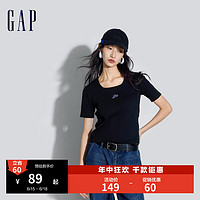 Gap 盖璞 女装2024夏季新款亲肤柔软logo镂空方领短袖T恤多色上衣890006 黑色 165/84A(M) 亚洲尺码