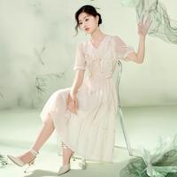 香影 X.YING【2024时尚夏新装】新中式国风假两件连衣裙刺绣盘扣蕾丝v领裙子
