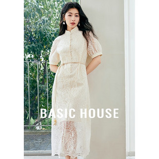 百家好（Basic House）新中式立领镂空蕾丝连衣裙夏法式泡泡袖长裙子连衣裙B0624H5W802 米色 S