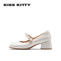 Kiss Kitty ISSKITTY明星同款珍珠玛丽珍鞋小香风单鞋粗跟婚鞋厚底高跟鞋