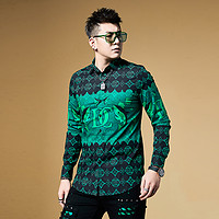 布莱迪·梅尔维拉 M男士2022新款潮撞色复古印花衬衫男高级感痞帅黑绿休闲长袖衬衣