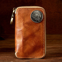慢时光复古潮手工真皮钥匙包多功能头层牛皮锁匙包腰挂汽车锁包男女款 浅棕色