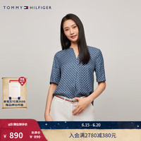 TOMMY HILFIGER24新款早秋女装时尚满印Z字斜纹垂顺V字领短袖上衣42727 蓝色印花00J 32 （XS）