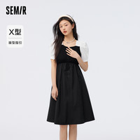 森马 Semir连衣裙女方领小心机抽绳显高时尚夏季优雅修身拼接小黑裙通勤