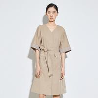 V领拼接格纹短袖连衣裙中长款裙子女