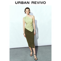 URBAN REVIVO 女装魅力设计感斜肩领褶皱罩衫衬衫 UWG240134 褐绿 M