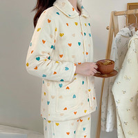 木吻棉服女士纯棉加厚睡宽松衣服夹棉保暖棉袄家居服两件秋冬季套装 米色心 L (体重95-110斤)
