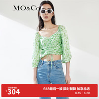 MO&Co.夏桑碎花上衣短款蚕丝混纺MBB2TOP028法式别致设计感 白底绿印花 S/160