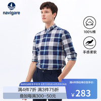 Navigare意大利小帆船衬衫男长袖春季全棉时尚格子衬衣 藏青/灰