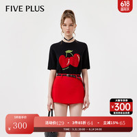 5+FIVE PLUS明星同款樱桃图案短袖针织衫女春季女装气质圆领套头上衣 黑色090 M