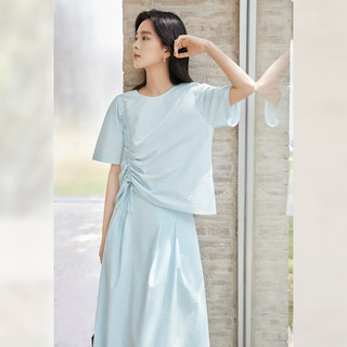 对白设计感抽绳纯棉舒适套装女2024夏季上衣半身裙穿搭一整套 浅蓝色 L