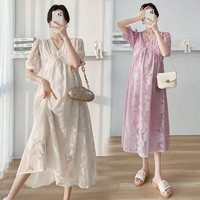 左夏右冬 孕妇装连衣裙女夏季新款纯色V领收腰碎花蕾丝裙孕妇裙 杏色 M