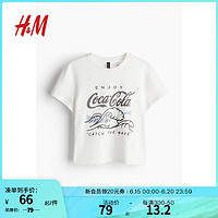 H&M女装T恤2024夏季修身印花时尚舒适棉质短款短袖上衣1207443 白色/Coca-Cola M 165/96