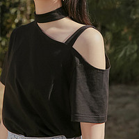 百亿补贴：蚂蚁Q娃 蚁Q娃黑色斜领短袖t恤女夏季新款小心机设计感露肩修身显瘦上衣