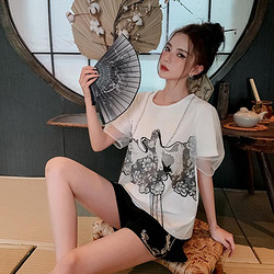 JK&JS 花T恤女夏季直筒网纱拼接中国风复古短袖上衣