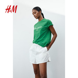 H&M女装2024夏季T恤常规款棉质圆领休闲短袖上衣1056633 绿色/Les Sports 160/88