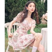 法式浪漫复古油画少女风花苞袖碎花裙女2024夏季收腰连衣裙