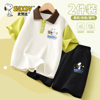 史努比男童夏季短袖t恤休闲polo衫短裤宽松儿童夏装套装2024 拍球努比K嫩芽绿+拍球努比黑裤 120cm 【体重 40~52斤】
