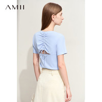 AMII2024夏极简纯色圆领短袖后抽绳镂空弹力罗纹T恤女 天空蓝 165/88A/L