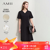 AMII2024夏极简纯色V领短袖套头修身中长弹力连衣裙女 黑色 175/96A/XXL