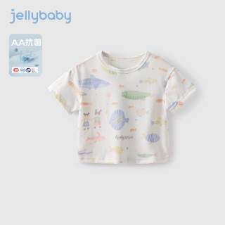 JELLYBABY女童短袖T恤儿童夏季凉感上衣幼童夏款抗菌小清新衣服5女宝宝夏装 白底花 100CM