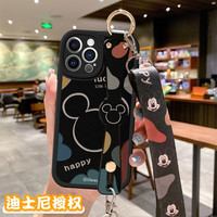 【迪士尼授权】苹果13Promax手机壳可爱卡通女斜跨腕带支架一体苹果13mini防摔潮流保护套 【黑色-黑底色块米奇】腕带+挂绳 苹果13Pro