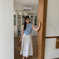 小野桃奈《珍珠女孩》半身裙白色蕾丝a字裙高腰纯色棉复古风长裙
