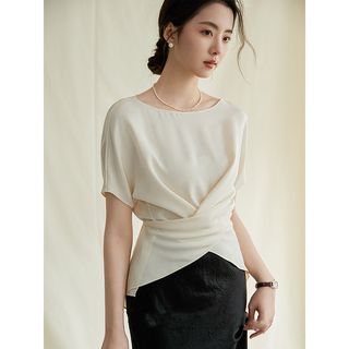 画朴法式交叉围裹式短袖衬衫女装2024夏季设计感缎面修身上衣【7月10日发完】