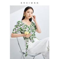 时尚衬衫女夏季女装印花气质V领上衣女