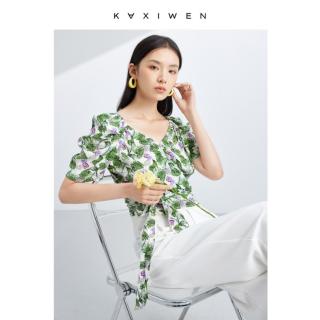 时尚衬衫女夏季女装印花气质V领上衣女