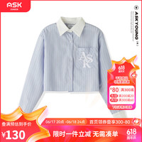 ASK JUNIOR衬衣女童长袖2024春条纹撞色短款上衣翻领百搭儿童衬衫 蓝白条 155