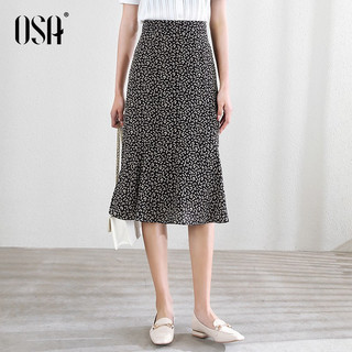 欧莎（OSA）夏天高腰碎花半身裙女夏季中长款不规则a字鱼尾裙子23年 黑底印花 M