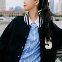 it izzue女装长袖衬衫冬季个性男友风翻领竖条纹宽松衬衣8132F