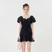 5+ Five Plus女夏装法式泡泡袖连衣裙女褶皱收腰方领小黑裙