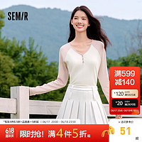 Semir 森马 长袖T恤女短款V领紧身秋季2024休闲潮流撞色插肩袖套头衫 粉色调01315 160/84A/M