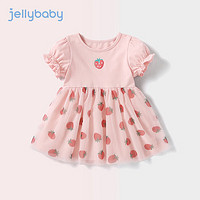 JELLYBABY女童夏款裙子2024新款舒适圆领草莓印花网纱优雅甜美公主裙 粉红1 120