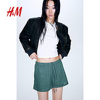 H&M HM 女装休闲裤2024夏季柔软透气直筒轻便时尚休闲抽绳短裤1225358