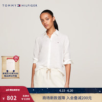 TOMMY HILFIGER24春夏女装舒适亚麻简约小绣标净色休闲宽松衬衫42037 白色YBL 32 （XS）