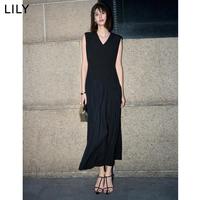 丽丽 LILY【2024夏款】设计感学院风百褶气质V领通勤长款高腰连衣裙