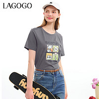 La·go·go 拉谷谷 Lagogo拉谷谷格雷系灰色T恤女2024夏季新款小象印花圆领正肩短袖