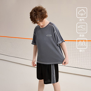 ASK JUNIOR男童运动套装夏季儿童薄款快干T恤+短裤中大童网球服两件套  150 灰色