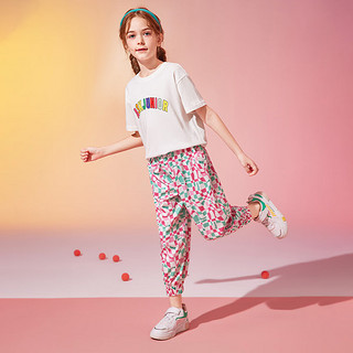 ASK JUNIOR女童套装夏薄款儿童字母短袖格子满印裤运动跑步两件套 白色 160 